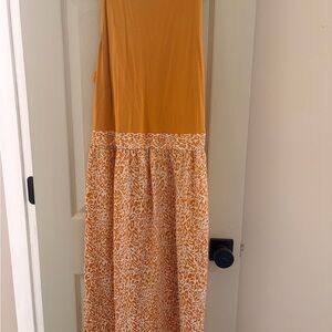 Sleeveless mustard Dress with Animal Print Skirt